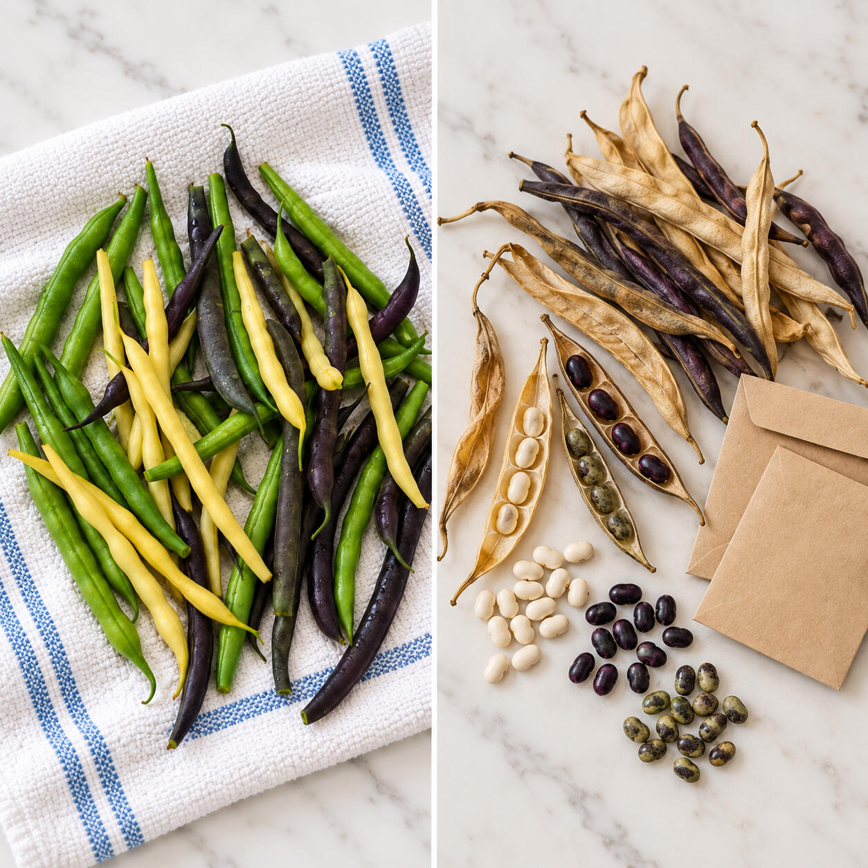 Harvest and Seed Saving Fresh purple, green, and yellow beans beside dried pods, saved bean seeds, and kraft seed envelopes.