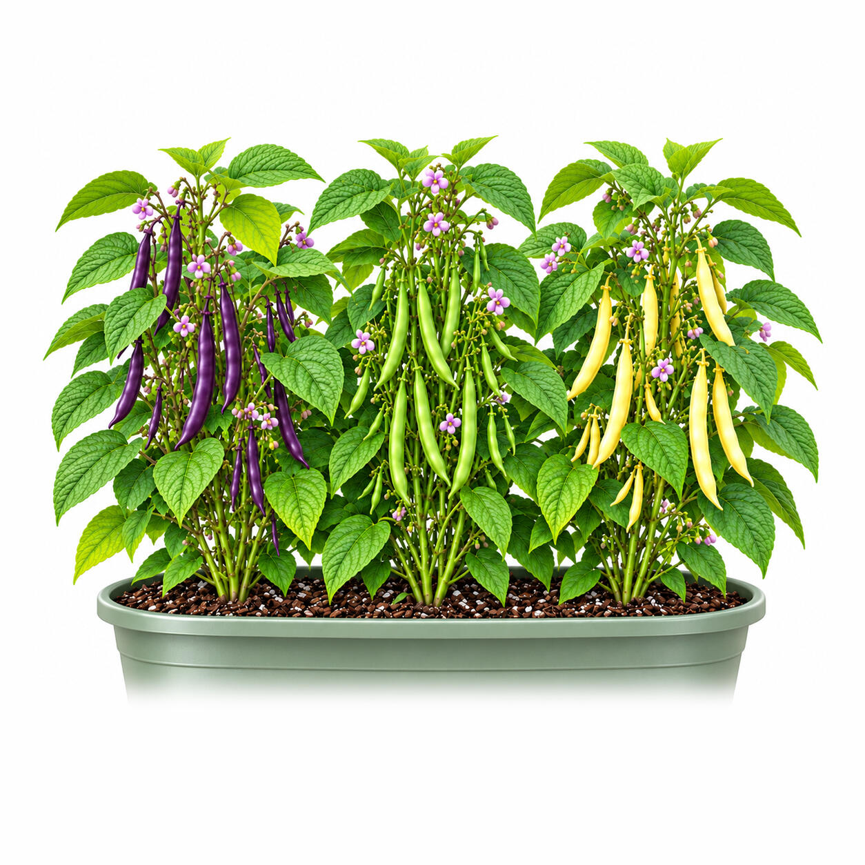 Tri-Color Bush Beans Growing Purple, green, and yellow bush bean plants growing together in a planter.